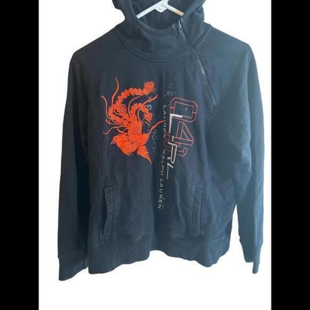 RALPH LAUREN L-RL Active Women's Med, Embroidered Black Hoodie Orange Bird